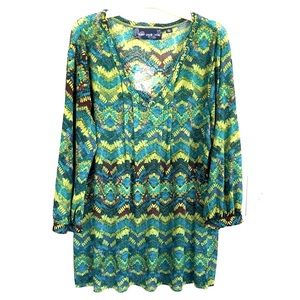 NWT Susan Graver Printed Mesh V-Neck Top w/ Pintuck & Jewels, Size XL
